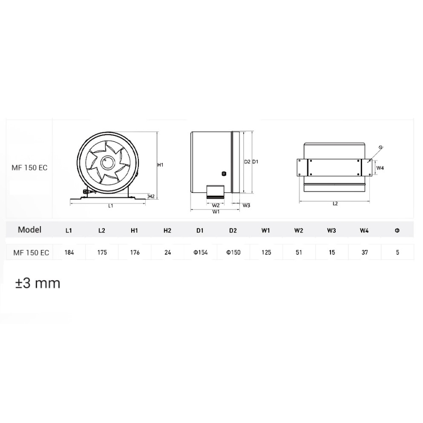 Dalap 24MF150 - Potrubný ventilátor s úsporným motorom a regulátorom otáčok MF 150 EC 40W/230V