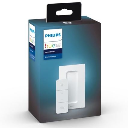 Balenie stmievača Philips Hue obsahuje stmievač a diaľkové ovládanie. Stmievač sa montuje na stenu. Na obale je uvedené „PHILIPS hue Accessories Dimmer switch“.