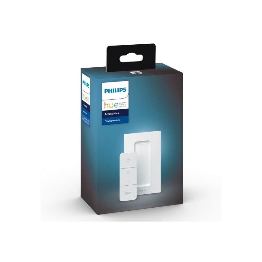 Balenie stmievača Philips Hue obsahuje stmievač a diaľkové ovládanie. Stmievač sa montuje na stenu. Na obale je uvedené „PHILIPS hue Accessories Dimmer switch“.