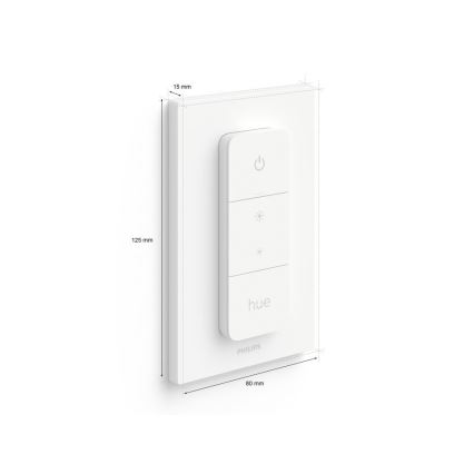 Biely nástenný vypínač Philips Hue s tromi tlačidlami na ovládanie osvetlenia, rozmery 125x80x15 mm.