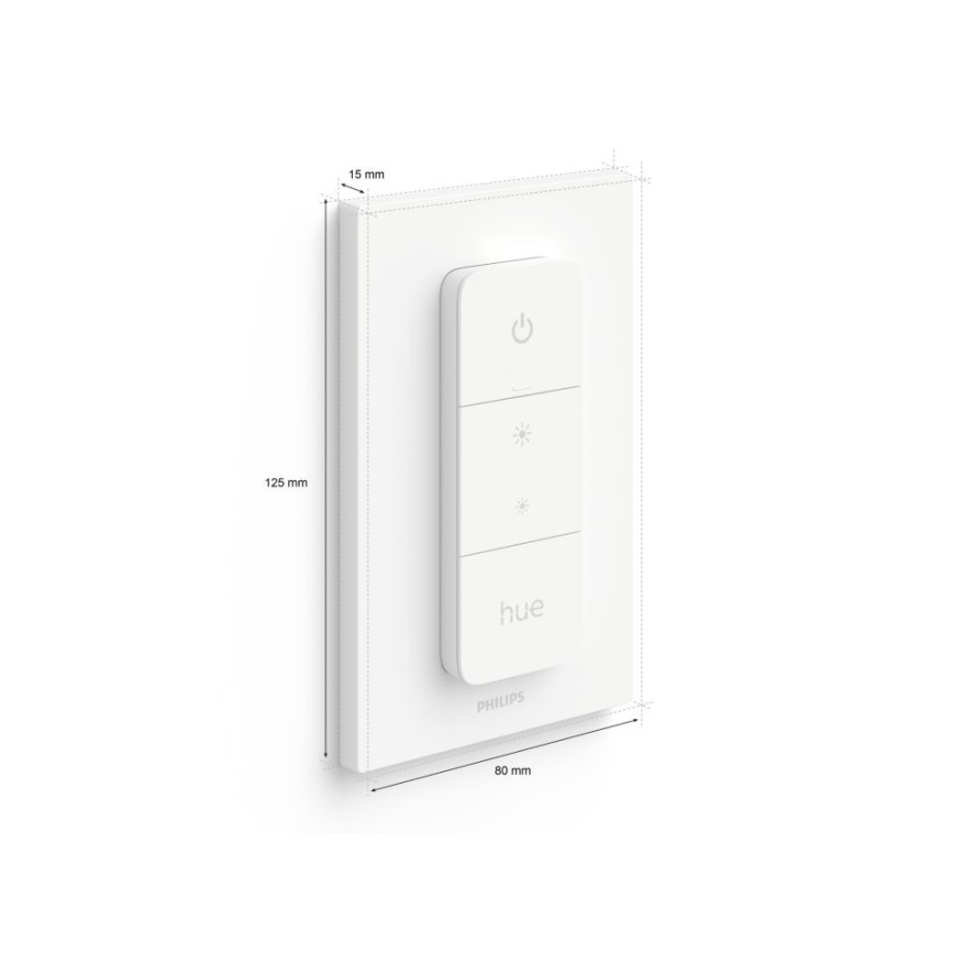 Biely nástenný vypínač Philips Hue s tromi tlačidlami na ovládanie osvetlenia, rozmery 125x80x15 mm.