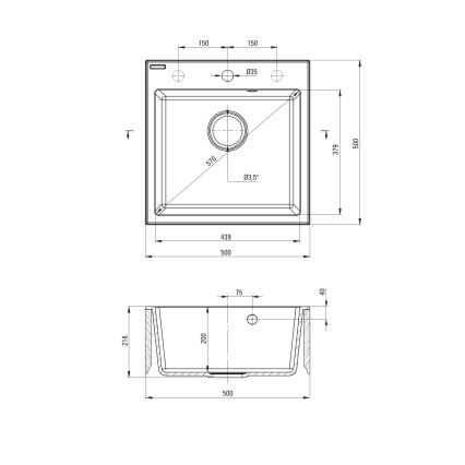 Deante ZQJNN103 - Kuchynský drez EVORA 50x50 cm + drezová batéria s flexibilným ramienkom granit/čierna