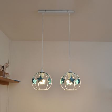 Detský luster na lanku STARS 2xE27/15W/230V tyrkysová/biela