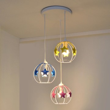Detský luster na lanku STARS 3xE27/15W/230V modrá/ružová/žltá