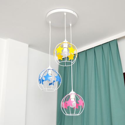 Detský luster na lanku STARS 3xE27/15W/230V modrá/ružová/žltá