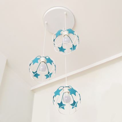 Detský luster na lanku STARS 3xE27/15W/230V tyrkysová/biela