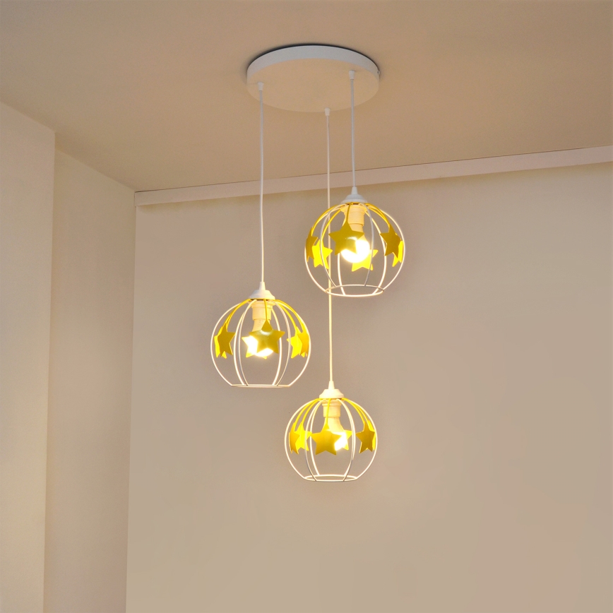 Detský luster na lanku STARS 3xE27/15W/230V žltá/biela