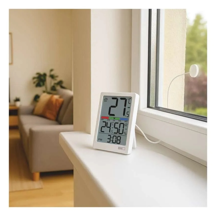 Digitálny teplomer s vlhkomerom, napájanie 2× AAA, biely