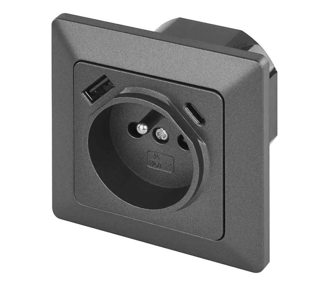 Domová zásuvka FRENCH s portami USB-A a USB-C, 250V/16A, antracit A6000.6