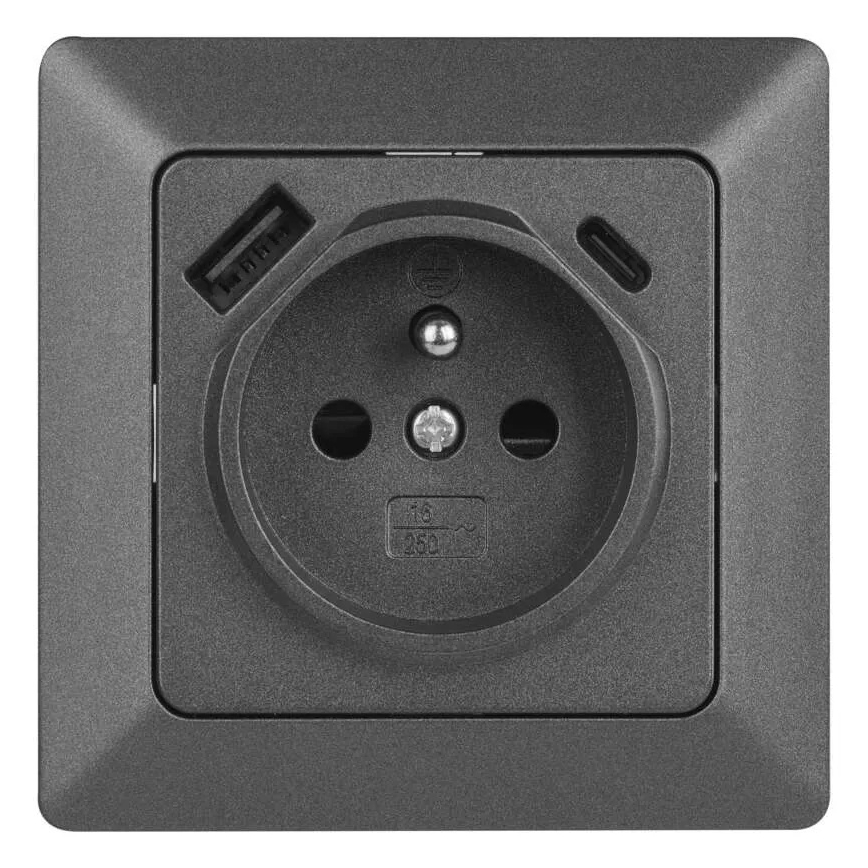 Domová zásuvka FRENCH s portami USB-A a USB-C, 250V/16A, antracit