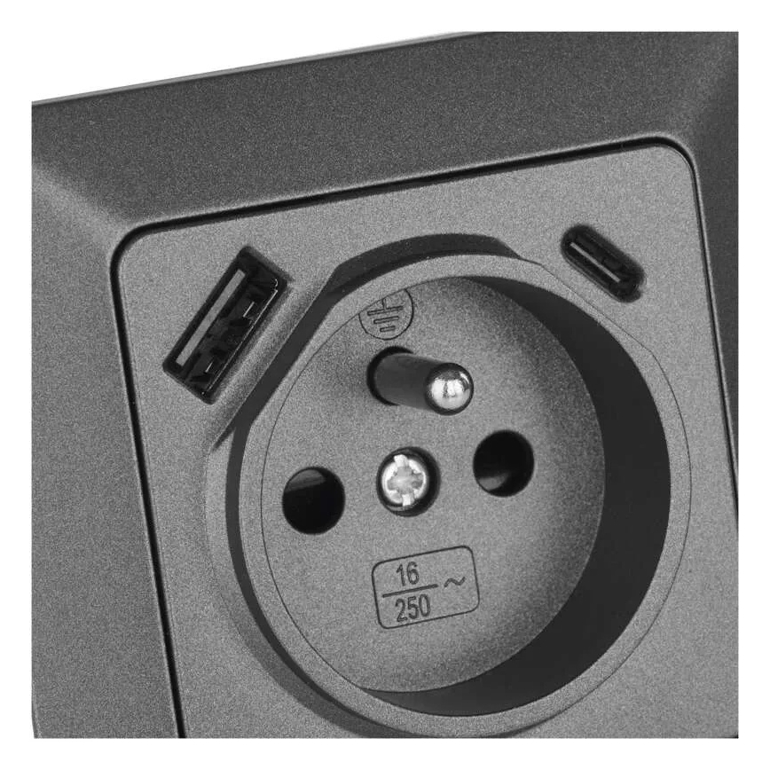 Domová zásuvka FRENCH s portami USB-A a USB-C, 250V/16A, antracit