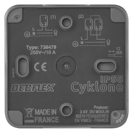 Štvorcový elektrický spínač Debflex Cyklone typu 730479 (250V~/10 A), s označením IP55, vyrobený vo Francúzsku, zobrazuje schému zapojenia a technické parametre.