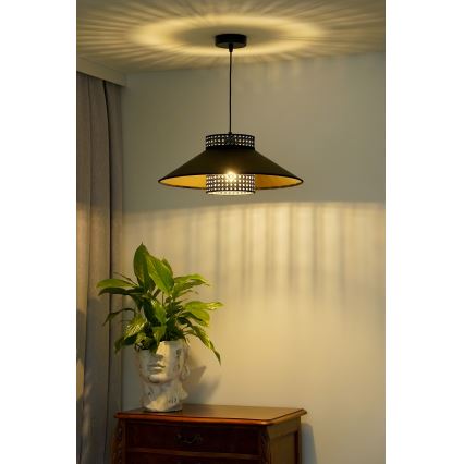 Duolla - Luster na lanku RIO RATTAN 1xE27/15W/230V pr. 45 cm čierna/zlatá