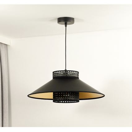Duolla - Luster na lanku RIO RATTAN 1xE27/15W/230V pr. 45 cm čierna/zlatá