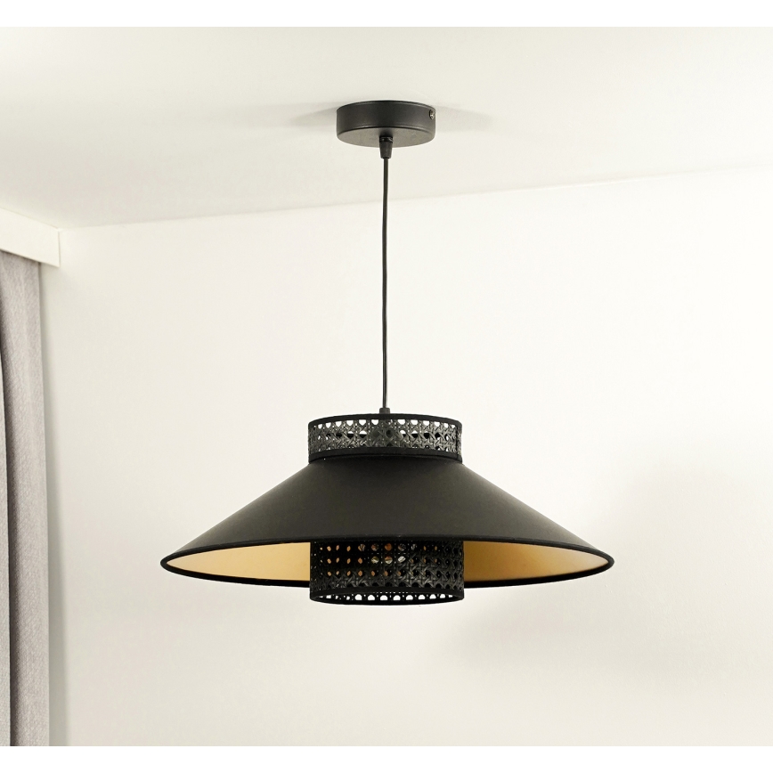 Duolla - Luster na lanku RIO RATTAN 1xE27/15W/230V pr. 45 cm čierna/zlatá