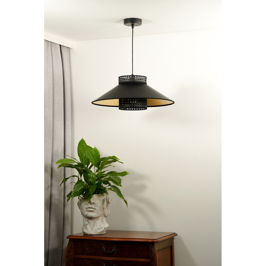 Duolla - Luster na lanku RIO RATTAN 1xE27/15W/230V pr. 45 cm čierna/zlatá
