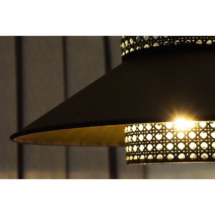 Duolla - Luster na lanku RIO RATTAN 1xE27/15W/230V pr. 45 cm čierna/zlatá