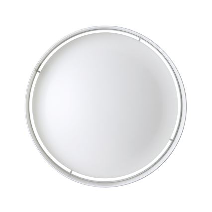 Okrúhle stropné svietidlo s bielym difúzorom a strieborným rámom je zobrazené zhora na bielom pozadí.