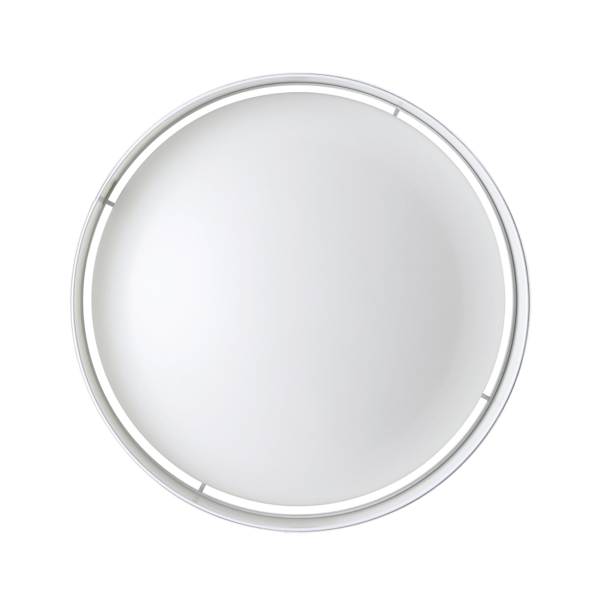 Okrúhle stropné svietidlo s bielym difúzorom a strieborným rámom je zobrazené zhora na bielom pozadí.