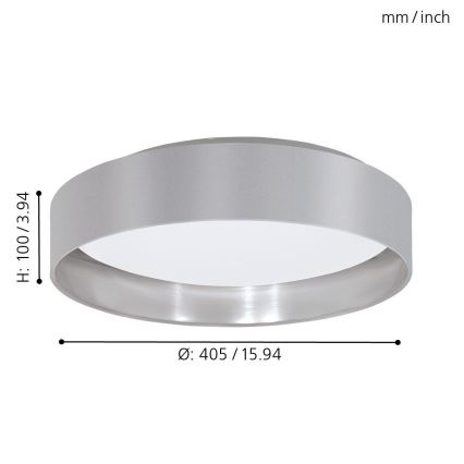 Stropné svietidlo s priemerom 405 mm/15,94 palcov a výškou 100 mm/3,94 palcov je zobrazené na bielom pozadí. Svietidlo má strieborný kovový rám a sivý textilný tienidlo. Rozmery sú uvedené v milimetroch a palcoch.
