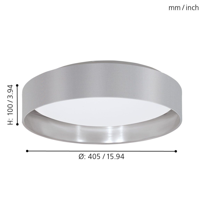Stropné svietidlo s priemerom 405 mm/15,94 palcov a výškou 100 mm/3,94 palcov je zobrazené na bielom pozadí. Svietidlo má strieborný kovový rám a sivý textilný tienidlo. Rozmery sú uvedené v milimetroch a palcoch.