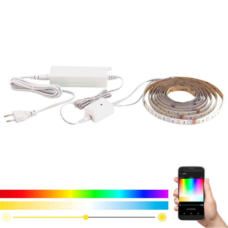 LED pásik s ovládaním cez mobilnú aplikáciu. Pásik je zložený a pripojený k adaptéru a ovládaču. Aplikácia zobrazuje farebnú paletu a nastavenie intenzity svetla.