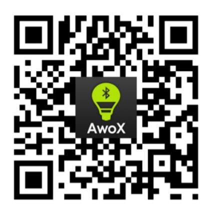 QR kód zobrazuje logo AwoX s ikonou žiarovky a Bluetooth symbolom. Text v logu znie „AwoX“. Kód je na bielom pozadí.