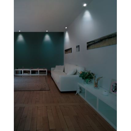 Biela pohovka stojí v obývacej izbe s drevenou podlahou a tmavomodrou stenou. Na strope sú zabudované bodové svetlá. Pred pohovkou je nízka biela polica s kvetinami a dekoráciami.