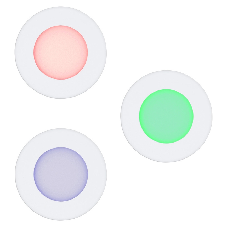 Tri biele kruhové svietidlá s vnútornými farebnými kruhmi: ružový, zelený a fialový. Svietidlá sú umiestnené na bielom pozadí.