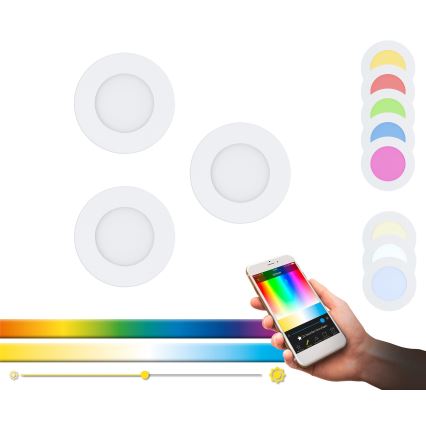 Tri kruhové LED panely sa ovládajú smartfónom. Ruka drží telefón s aplikáciou zobrazujúcou farebnú paletu a nastavenia jasu. Na obrázku sú znázornené farebné možnosti osvetlenia.