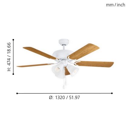 Biely stropný ventilátor s osvetlením rotuje. Má päť lopatiek a tri svetlá. Rozmery: výška 474 mm / 18,66 palca, priemer 1320 mm / 51,97 palca.