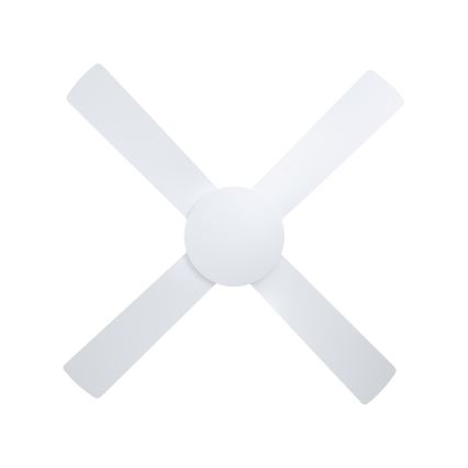 Biely stropný ventilátor s štyrmi lopatkami v tvare kríža sa nachádza na bielom pozadí.