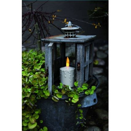 Sviečka s LED svetlom horí v drevenej lucerne. Lucerne stojí v kvetináči s popínavou zeleňou.