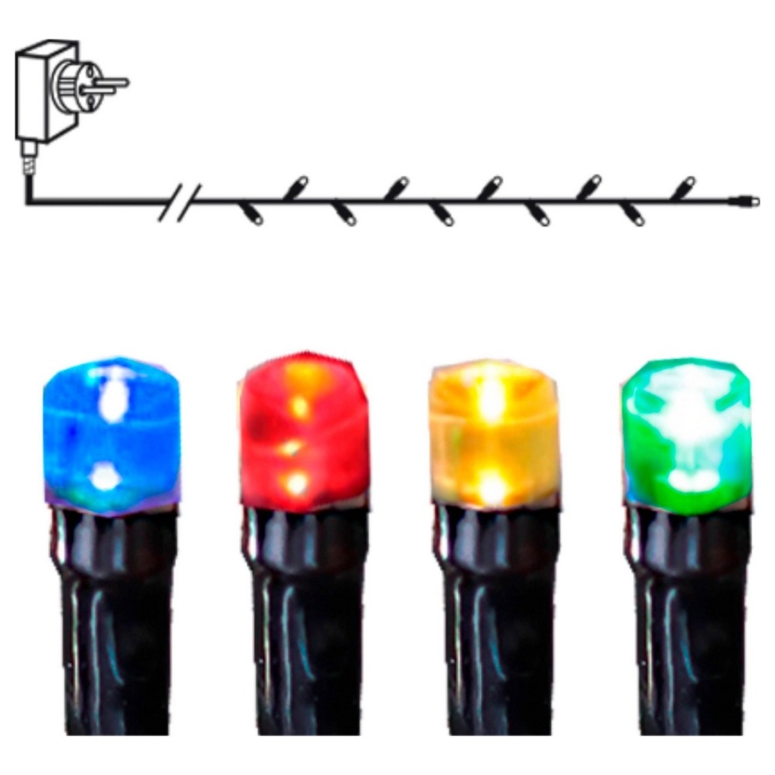 Štyri farebné LED diódy: modrá, červená, žltá a zelená, svietia. Sú pripojené k čiernemu káblu s viacerými LED diódami. Napájanie je cez sieťovú zástrčku.