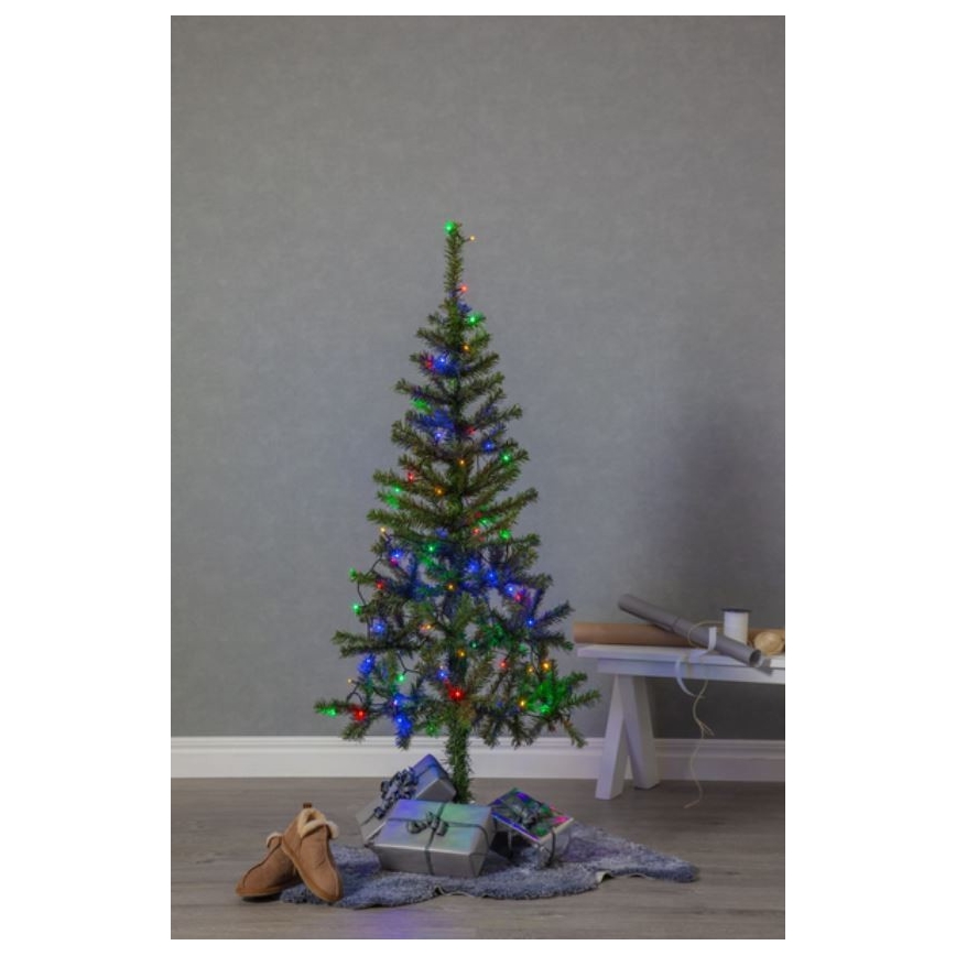 Vianočný stromček s farebnými svetielkami stojí na kožúšku pred bielou lavicou v miestnosti. Pod stromčekom sú darčeky.