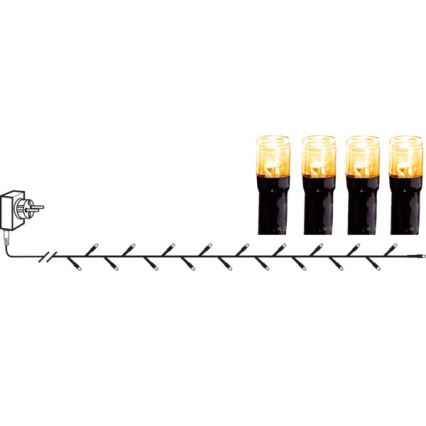 Svetelný reťaz s 20 LED diódami s teplým bielym svetlom, zapojený do elektrickej zásuvky. Čierny kábel s rozvetvenými výstupkami pre LED diódy. Štyri diódy sú detailne zobrazené.