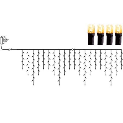 LED svetelná reťaz s viacerými zvislými vetvičkami s LED diódami sa pripája do elektrickej zásuvky. Svietidlá sú žlté. Reťaz je zobrazená v schéme.