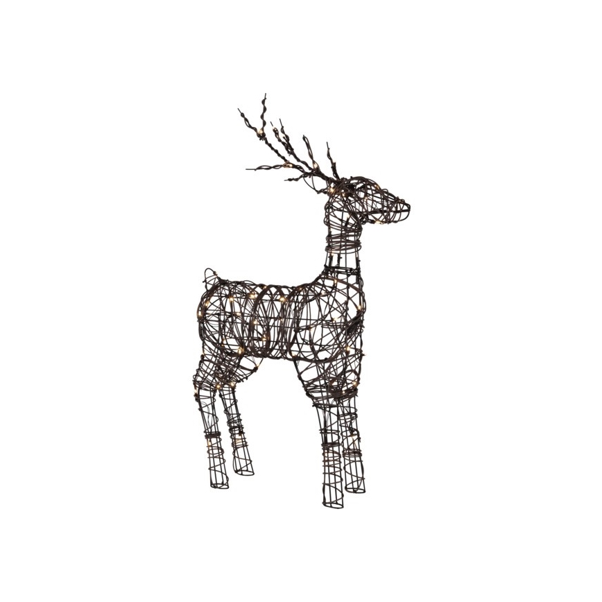 Socha soba z drôtu s integrovanými svetelnými bodmi stojí na bielom pozadí. Socha je hnedá.