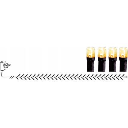 Svetelný reťaz s 20 LED diódami, pripojený k elektrickej zásuvke, vyžaruje teplé žlté svetlo. Diódy sú umiestnené na tenkom, čiernom kábli v tvare vzájomne prepletených krátkych čiarok.