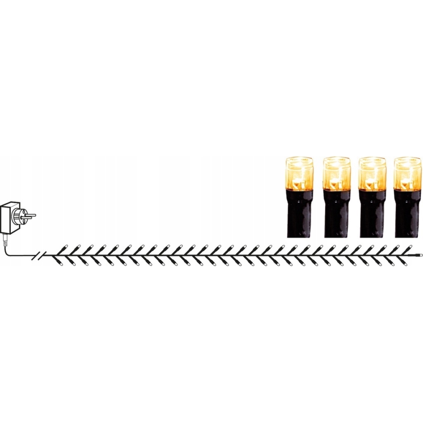 Svetelný reťaz s 20 LED diódami, pripojený k elektrickej zásuvke, vyžaruje teplé žlté svetlo. Diódy sú umiestnené na tenkom, čiernom kábli v tvare vzájomne prepletených krátkych čiarok.