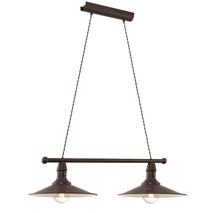 Svietidlo s plochým tienidlom visí z kovovej tyče. Tienidlo je tmavosivé, s viditeľnou žiarovkou. Celok pôsobí industriálne.