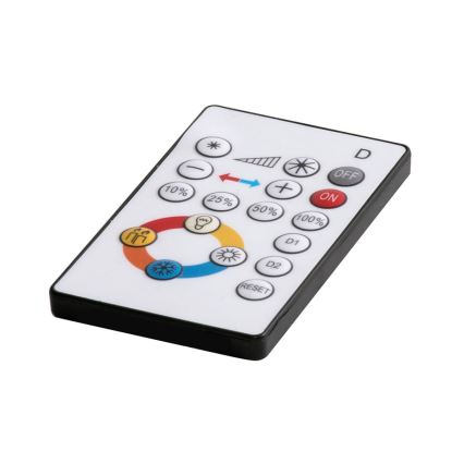 Diaľkový ovládač umožňuje nastaviť jas (10%, 25%, 50%, 100%), zapnúť/vypnúť a meniť farebnú teplotu svetla. Na bielom pozadí s čiernym rámom.