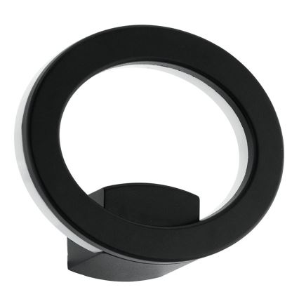 Čierna kruhová nástenná lampa s vnútorným svetelným zdrojom. Lampa je pripevnená k stene. Svietidlo je umiestnené na stene.