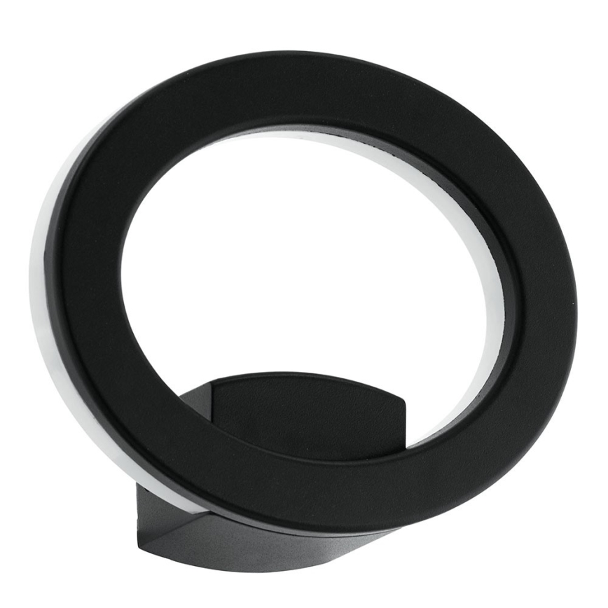 Čierna kruhová nástenná lampa s vnútorným svetelným zdrojom. Lampa je pripevnená k stene. Svietidlo je umiestnené na stene.