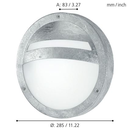 Stropné svietidlo s priemerom 285 mm/11,22 palca a výškou 83 mm/3,27 palca, strieborné, s mliečnym difúzorom a dvoma vodorovnými otvormi.
