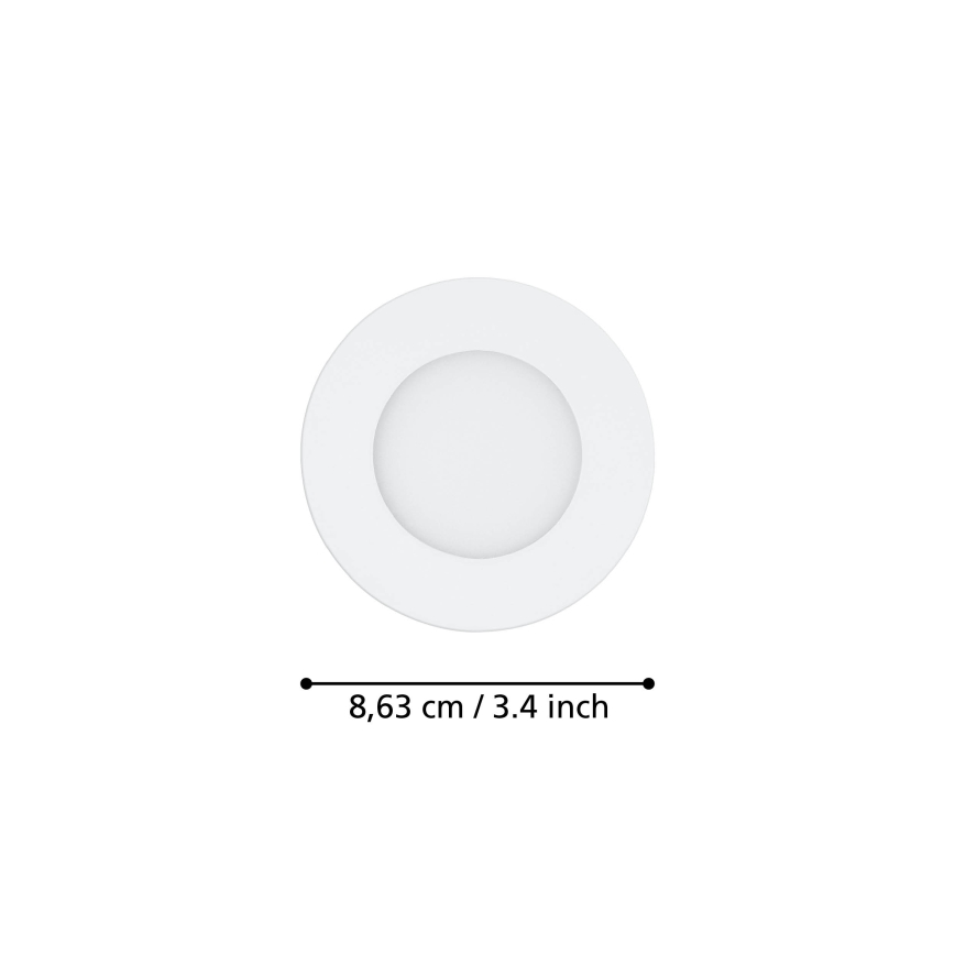 Okrúhle LED svetlo s priemerom 8,63 cm alebo 3,4 palca je zobrazené na bielom pozadí.