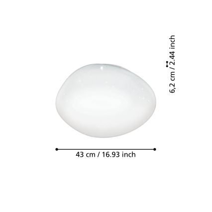 Biely oválny stropný svietidiel je zobrazený na bielom pozadí. Svietidlo má rozmery 43 cm / 16,93 palca a 6,2 cm / 2,44 palca.