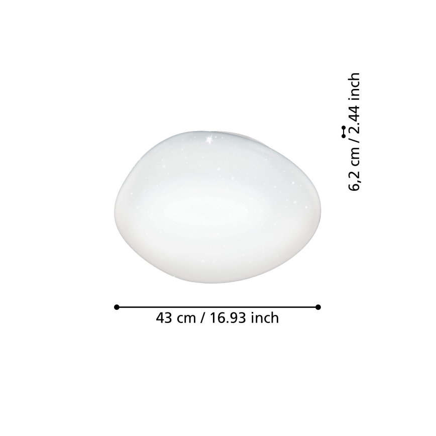Biely oválny stropný svietidiel je zobrazený na bielom pozadí. Svietidlo má rozmery 43 cm / 16,93 palca a 6,2 cm / 2,44 palca.