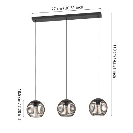 Eglo - Luster na lanku 3xE27/60W/230V čierny