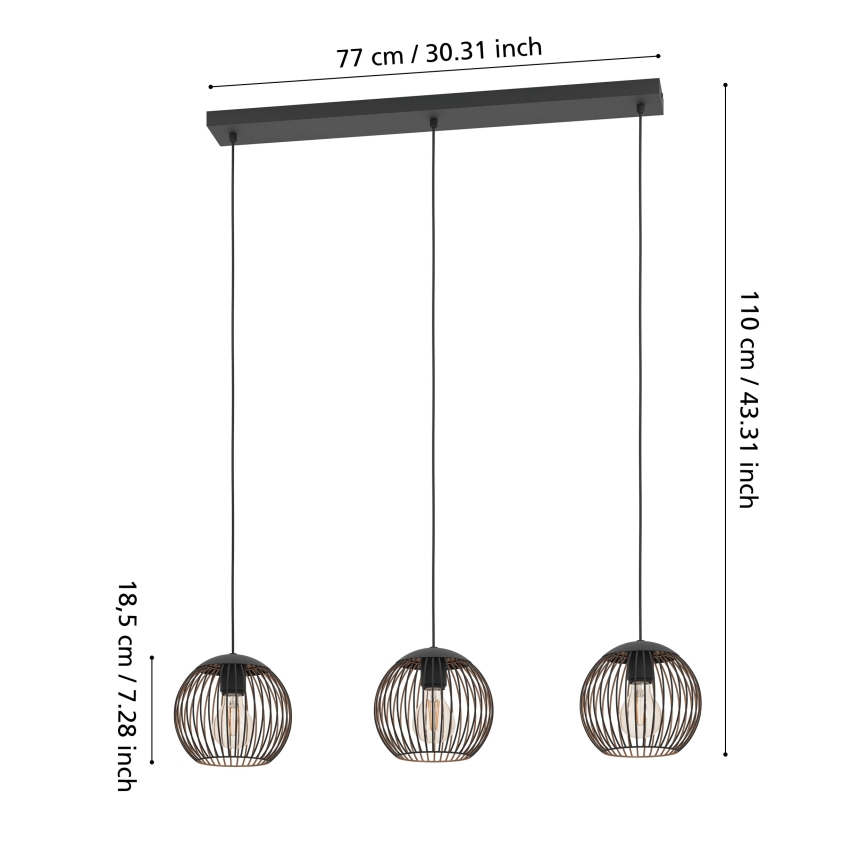 Eglo - Luster na lanku 3xE27/60W/230V čierny